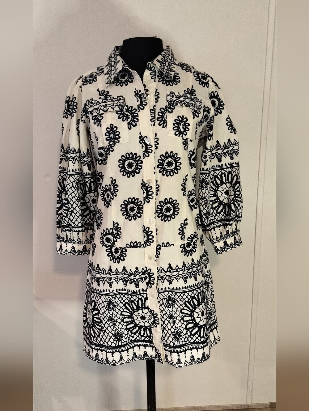 Black & White Embroidered Button-Down Tunic Shirt